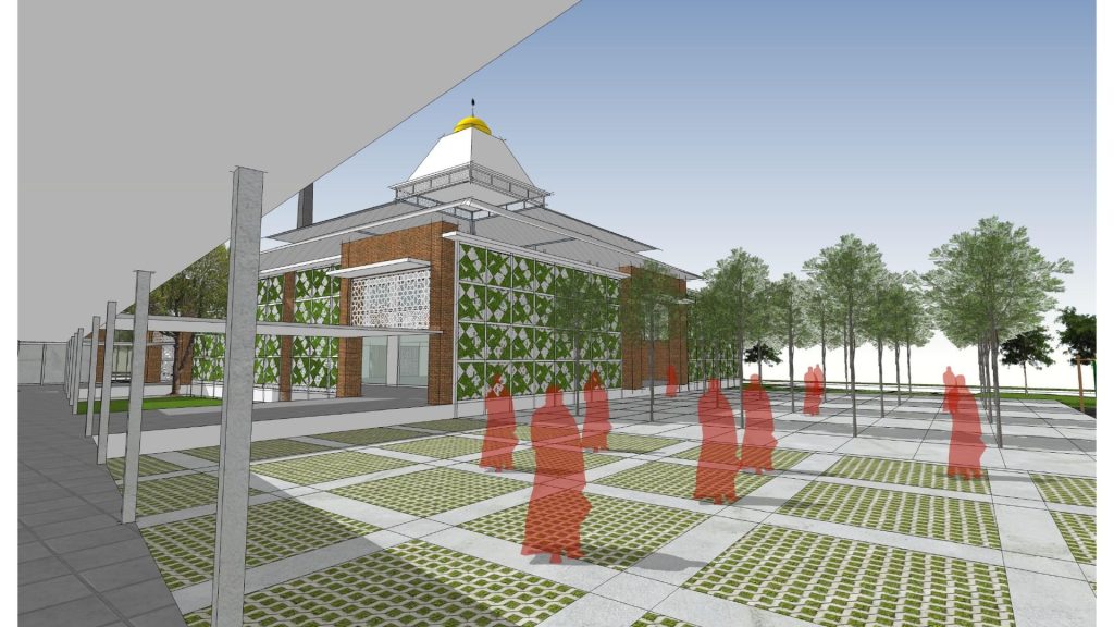 Gambaran cadangan dataran masjid dengan pokok dan dinding hijau