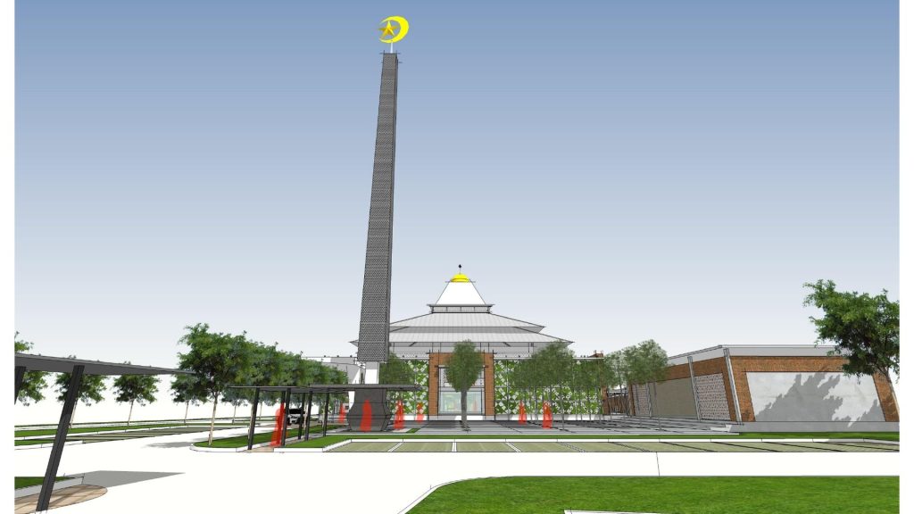 Gambaran cadangan Masjid Bukit Sentosa 3 dari hadapan, dengan menara dan bumbung piramid